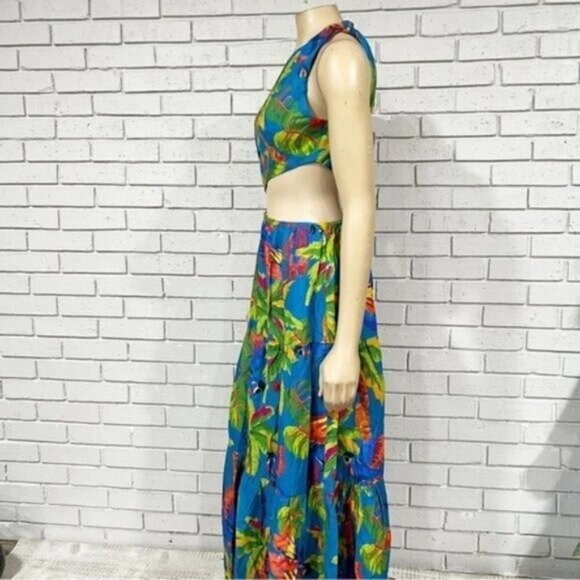 Farm Rio “Sunny Day” One‑Shoulder Maxi Dress – Tropical Cut‑Out Tiered Size M - Picture 9 of 16